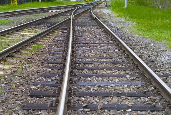 Järnvägsspår Delas Flera Spår Ett — Stockfoto