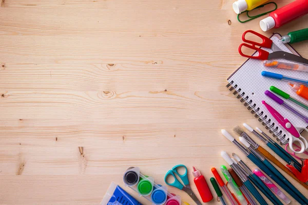 Material Escolar Sobre Fondo Madera Listo Para Diseño —  Fotos de Stock