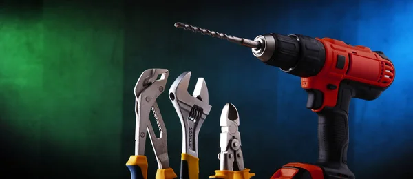 Composition Hardware Tools Including Cordless Drill Monkey Spanner — Stock Photo, Image