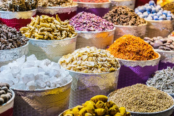 Variety Spices Herbs Arab Street Market Stall Dubai Spice Souk — Stock Photo, Image