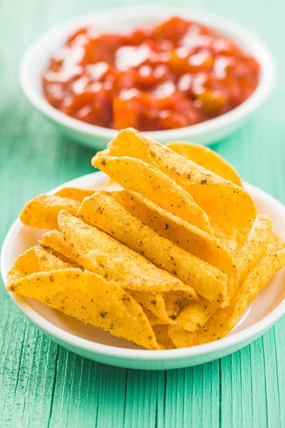 Rolled Mexican Nacho Chips Salsa Dip Green Table — Stock Photo, Image