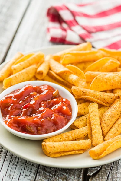 Rolled Mexican Nacho Chips Salsa Dip Plate — Stock Photo, Image