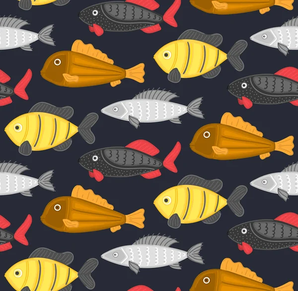 Vector seamless pattern with abstract fish. Undersea world. Aquarium. Wrapping paper, package, wallpaper, clothing and other textile in a pet store or fishing gear shop, seafood menu cover, banner