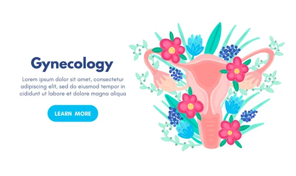 Web template with female reproductive system in flowers. Landing page. Woman health. Advertising for women\'s pads, lactobacillus, department of obstetrics and gynecology. Medical banner. Vector, eps10