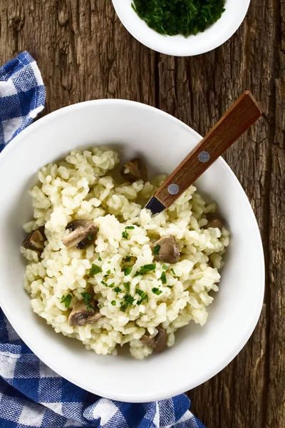 Verse Zelfgemaakte Champignon Risotto Met Peterselie Witte Kom Met Lepel — Stockfoto