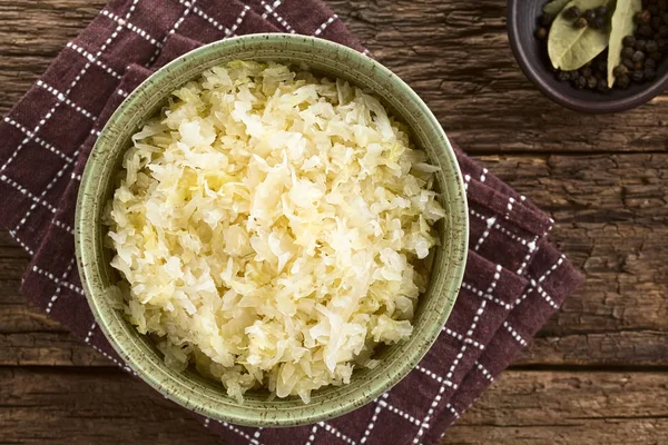 Fresh Healthy Sauerkraut Bowl Black Pepper Bay Leaves Side Photographed — Stock Photo, Image