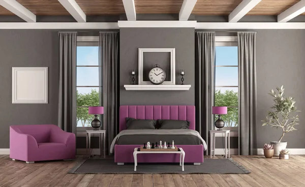 Dormitorio Principal Estilo Clásico Con Moderno Dormitorio Púrpura Sillón Renderizado — Foto de Stock