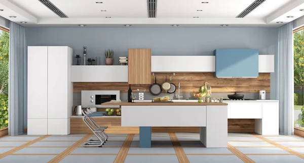 島とスツール付き白と青のモダンなキッチン 3Dレンダリング — ストック写真