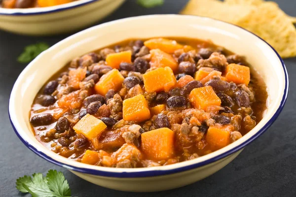 Chili Con Carne Caseiro Com Carne Picada Feijão Vermelho Preto — Fotografia de Stock