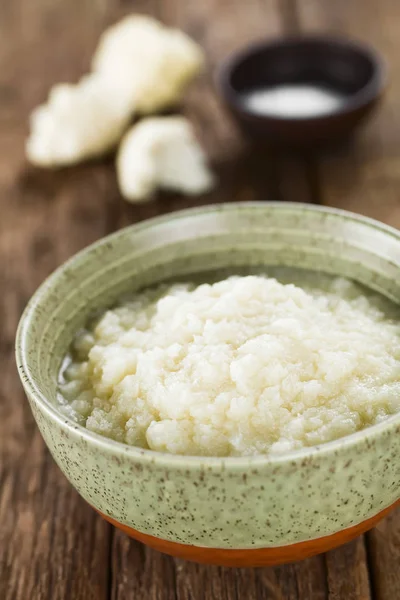 Puré Casero Fresco Coliflor Vegana Tazón Enfoque Selectivo Enfoque Tercio —  Fotos de Stock