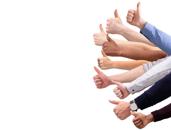Närbild Människors Hand Visar Tummen Upp Skylt Mot Isolerad Vit — Stockfoto