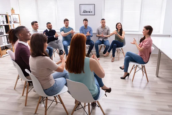 Group Young People Learning Deaf Gesture Sign Woman Sitting Chair — Stock Photo, Image
