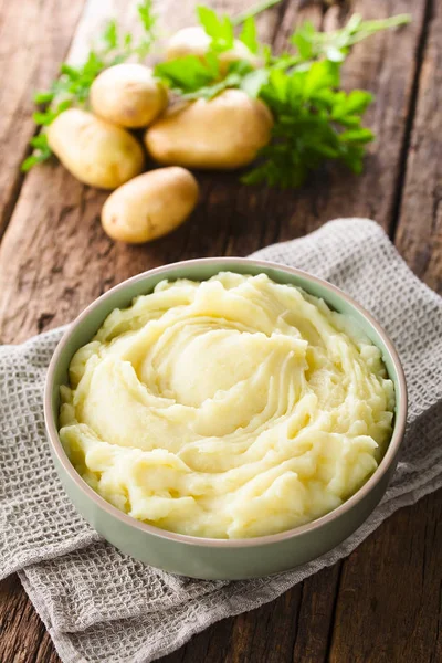 Fresh Homemade Creamy Mashed Potato Bowl Selective Focus Focus Middle — Stock Photo, Image