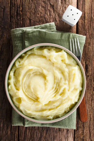 Fresco Puré Papas Cremoso Casero Tazón Fotografiado Por Encima Enfoque — Foto de Stock