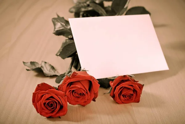 Message Amour Sur Table Roses Rouges Avec Enveloppe — Photo