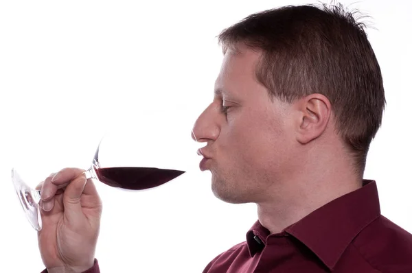 Uomo Gode Bicchiere Vino Rosso — Foto Stock