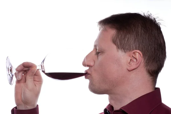 Uomo Che Gode Vino Rosso Bicchiere Vino — Foto Stock