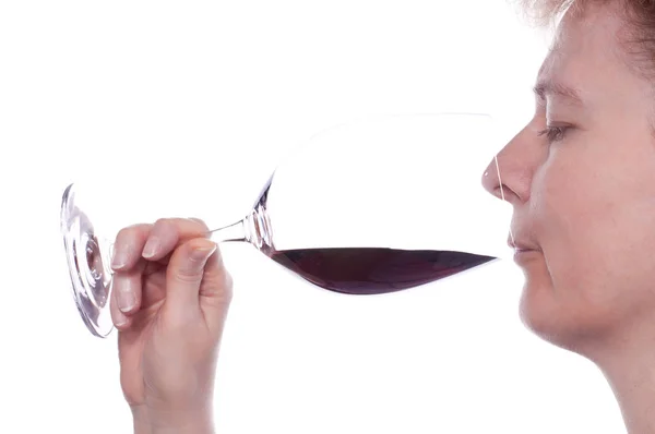 Una Donna Gode Vino Rosso Bicchiere Vino — Foto Stock