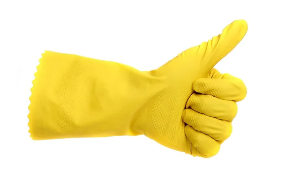 Luva Borracha Amarela Com Mão Limpeza Isolada Fundo Branco — Fotografia de Stock
