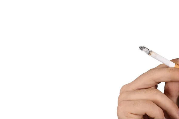 Mão Segurando Cigarro Isolado Branco — Fotografia de Stock