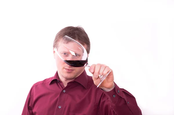 Man Visually Checks Quality Wine — Stock Photo, Image