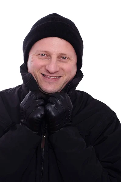 Hombre Con Guantes Sonrisas Gorra —  Fotos de Stock