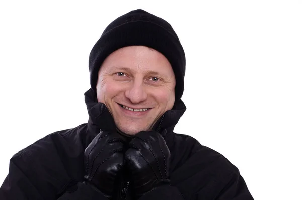 Холодный Человек Смеется Шляпе Перчатках — стоковое фото