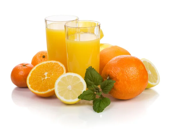 Citrus Fruits Two Glasses Fresh Orange Juice — Stock Photo, Image