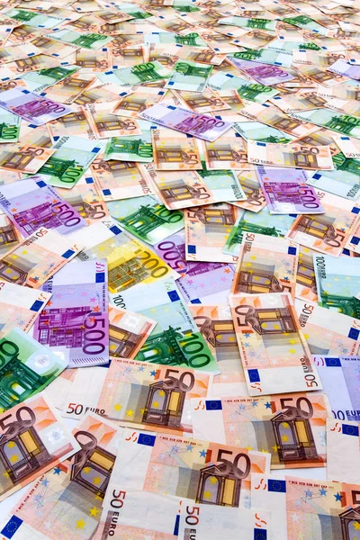 Billetes Euros Múltiples Dispuestos Formando Collage Sobre Superficie Plana Imagen — Foto de Stock