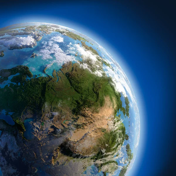 Fragmento Tierra Con Alto Relieve Superficie Detallada Océano Atmósfera Translúcidos — Foto de Stock