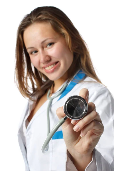 Sonriente Hermoso Médico Con Estetoscopio Sobre Fondo Blanco Concepto Médico —  Fotos de Stock