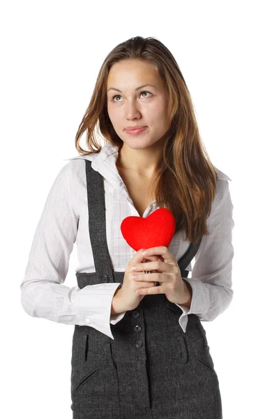 Hermosa Chica Sostiene Las Manos Corazón Rojo Sobre Fondo Blanco — Foto de Stock