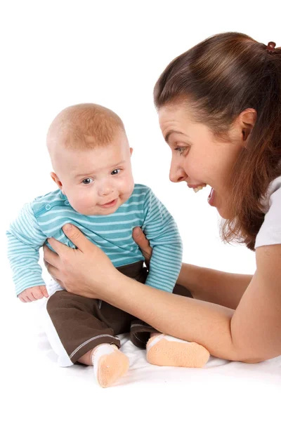 Happy Mum Plays Small Child White Background — Stock Photo, Image