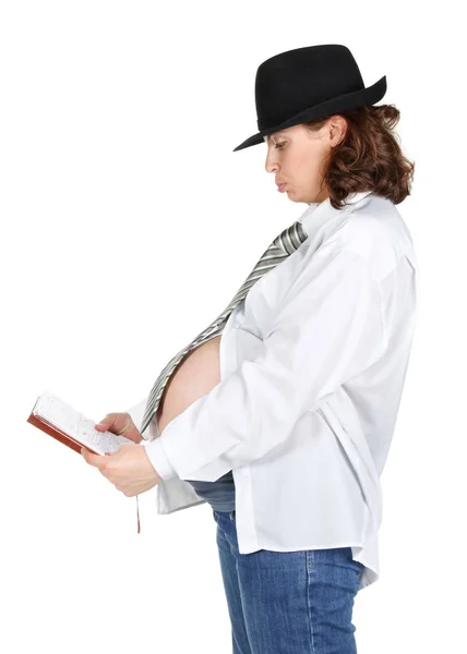 Těhotná Žena Košili Kravatou Kloboukem Knihou Rukou Bílém Pozadí — Stock fotografie