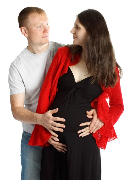 Mujer Embarazada Feliz Con Marido Sobre Fondo Blanco —  Fotos de Stock