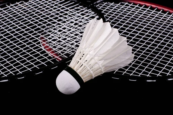 Shuttlecock Badminton Racket Black Background — Stock Photo, Image