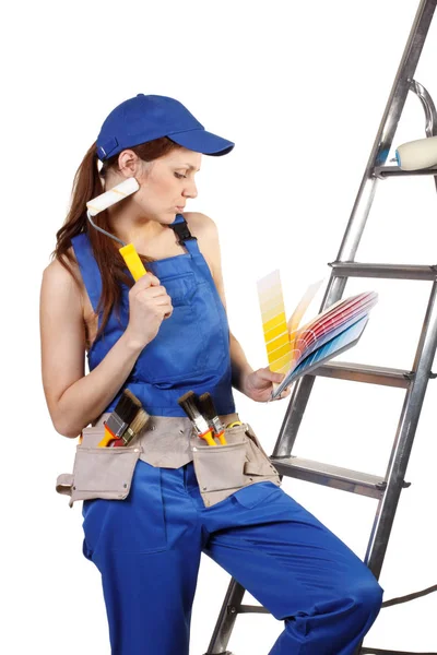 Female Construction Worker Palette Hands White Background — Stock Photo, Image