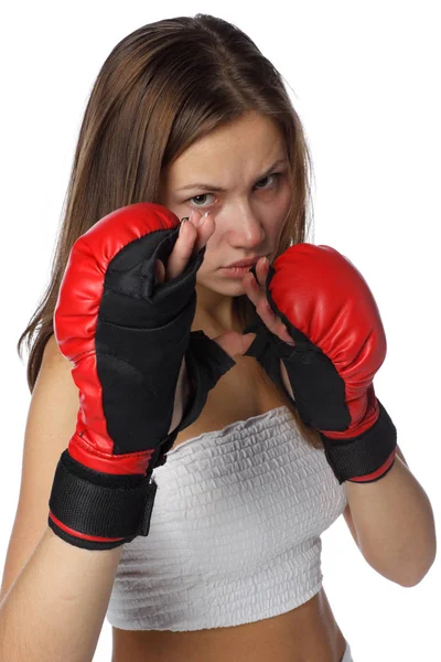 Deportiva Chica Guantes Combate Rojos Sobre Fondo Blanco —  Fotos de Stock