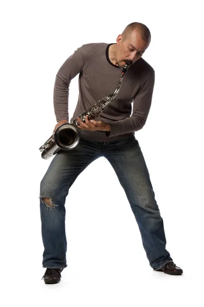 Homme Avec Saxophone Sur Fond Blanc — Photo