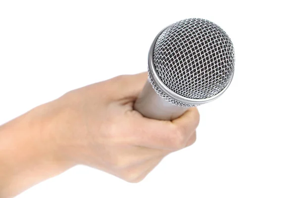 Silver Microphone Female Hand White Background — Stock Photo, Image