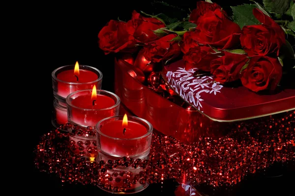 Heart Shaped Red Box Flowers Black Background Valentine 039 — Stock Photo, Image
