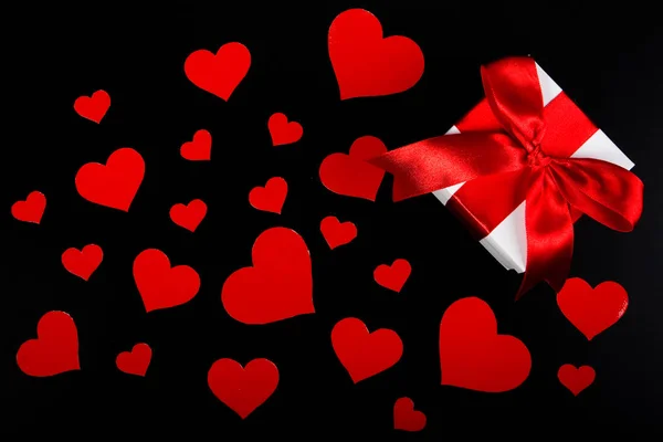 Gift Box Red Hearts Black Background Valentine 039 — Stock Photo, Image