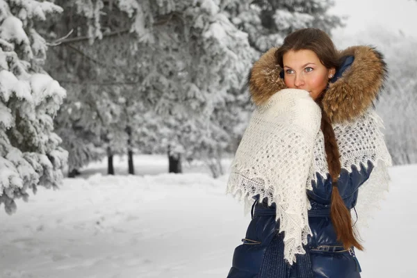 Retrato Menina Bonita Com Xale Caído Parque Inverno — Fotografia de Stock