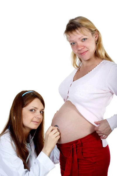 Femme Enceinte Cours Examen Par Médecin Sur Fond Blanc — Photo