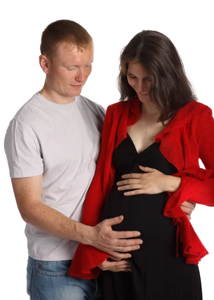 Mulher Grávida Feliz Com Marido Contexto Branco — Fotografia de Stock