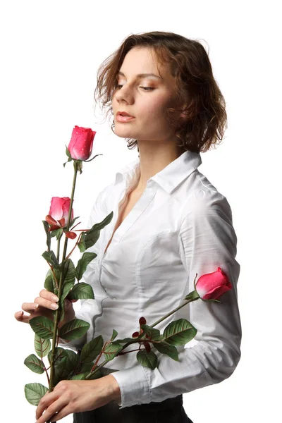 Красивая Девушка Букетом Роз Белом Фоне — стоковое фото