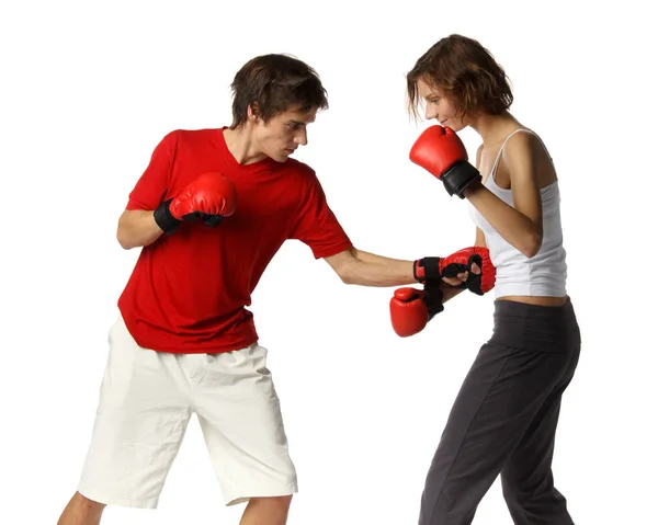 Pareja Deportiva Guantes Combate Rojos Sobre Fondo Blanco — Foto de Stock