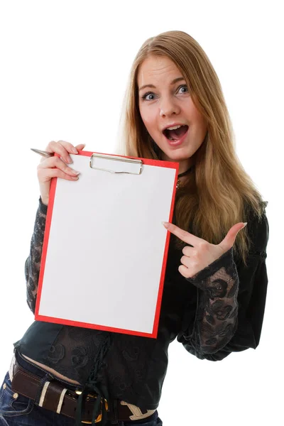 Beautiful Girl Stands Clipboard Pen Hands White Background — Stock Photo, Image