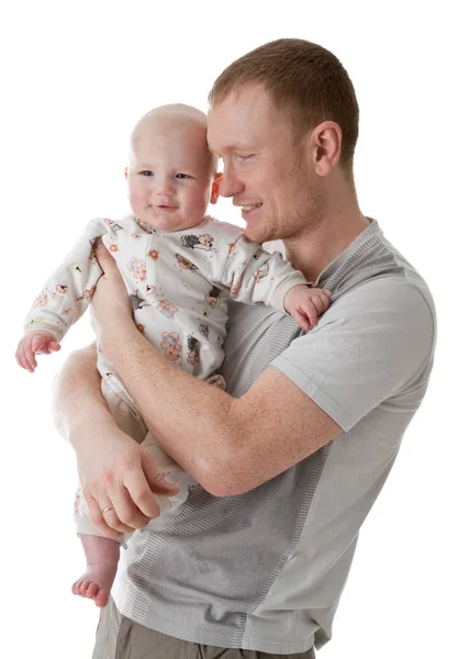 Família Feliz Pai Seu Bebê Doce Fundo Branco — Fotografia de Stock