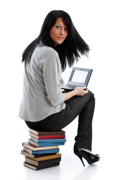 Привабливий Студент Сидить Купі Книг Ноутбуком Білому Тлі — стокове фото